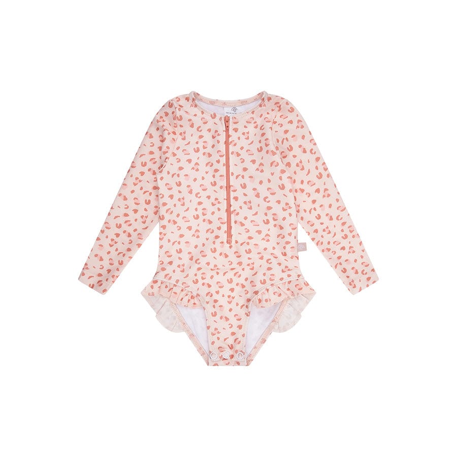 Leopard | Alte rosa Mädchen UV -Badeanzug mit langen Ärmeln