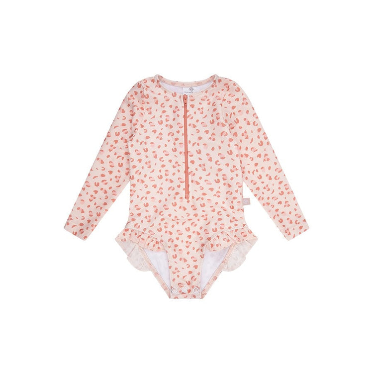 Leopard | Alte rosa Mädchen UV -Badeanzug mit langen Ärmeln