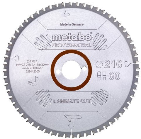 Metabo Zubehör Kreissägeblatt | Laminatschnitt prof | 216x30mm | z60 fz tz 0° - 628442000