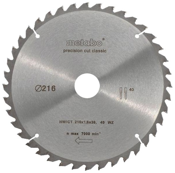 Metabo Kreissägeblatt Präzisionsschnitt hw ct ø 216 mm, 40t wz 5° - 628065000