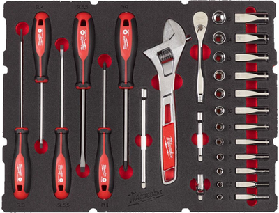 Milwaukee Zubehör 1 4 Ratschen-, Steckschlüssel-, Schraubendreher- und Schraubenschlüssel-Set mit Schaumstoffeinlage, 35-teilig – 4932480717