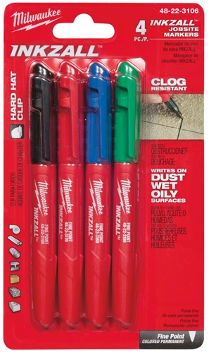 Milwaukee-Zubehör Inkzall Farbmarker mit feiner Spitze, 4-teiliges Set: Schwarz, Rot, Blau und Grün – 48223106