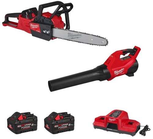 Milwaukee m18 fpp2opl13-802 Batterie-Kombi-Set | 1x m18fchs-0 Akku-Kettensäge + 1x m18 fblg3-0 Akku-Laubbläser | inkl. 2 x m18 fb8 Akkus und m18dbsc Ladegerät – 4933500228