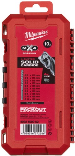 Milwaukee SDS-Plus-Bohrer-Set | mx4 | Auspackfertige Box | 5 6 6 x 115 6 6 8 8 8 10 x 165 12 x 160 mm - 4932500062