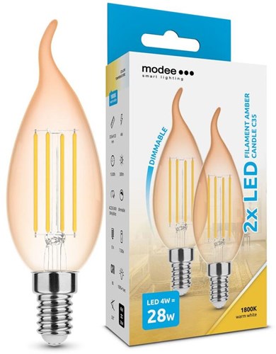 Modee LED-Kerze mit Spitze, E14, 4–28 W, 1800 K-Filament, bernsteinfarben, dimmbar, 2er-Pack – LED7408
