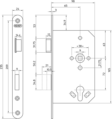 Nemef 1769 23 RS Türschloss | dm65mm | pc72mm | Frontplatte aus verzinktem Stahl 24x235mm abgerundet | Falle und Riegel aus verzinktem Stahl | 2 Runden | dr 1+3 - 9176923651