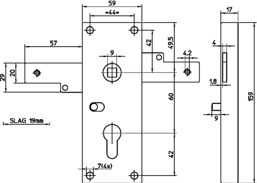 Nemef 1806 2 Garagenschloss | pc60mm | Schlosskasten verzinkter Stahl 59x159mm | Stangen horizontal | nicht federnd | M6-Anschluss | Tag- und Nachtfunktion | dr 1+2+3+4 - 9180602000