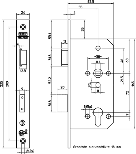 Nemef 4401 4402 Sicherheits-Türschloss | skg** | dm60mm | pc72mm | Kurbelloch 8mm | Edelstahl-Frontplatte 24x235mm abgerundet | Falle und Riegel aus Messing | dr 2+4 - 9440217602