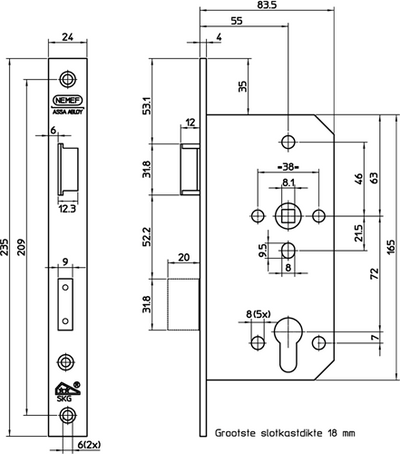 Nemef 4401 4402 Sicherheits-Türschloss | skg** | dm60mm | pc72mm | Kurbelloch 8mm | Edelstahl-Frontplatte 24x235mm abgerundet | Falle und Riegel aus Messing | dr 2+4 - 9440217602