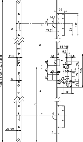 Nemef 5040 Mehrpunkt-Sicherheitsschloss | zylinderbetrieben | skg*** | dm65mm | pc72mm | Frontplatte aus verzinktem Stahl 20x1772mm abgerundet | dr 1+3 2+4 - a000308701