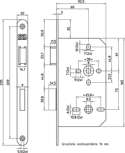 Nemef 644 WC-Badezimmertürschloss | dm60mm | WC72mm | Kurbelloch 8mm | Frontplatte aus lackiertem Stahl 20x235mm abgerundet | Falle und Riegel aus Messing | dr 2+4 - 9064404672