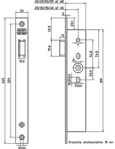Nemef 9620 Laufschloss | dm45mm | Kurbelloch 8mm | Frontplatte Edelstahl 24x245mm rechteckig | Zamak vernickelter Riegel | dr 1+3 2+4 - 9962507001