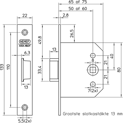 Nemef_yale 55 Laufschloss | dm50mm | Kurbelloch 8mm | verzinkte Stahlfrontplatte 22x133mm rechteckig | Zamakverzinkter Fallenriegel | dr 1+2+3+4 - 9005500535
