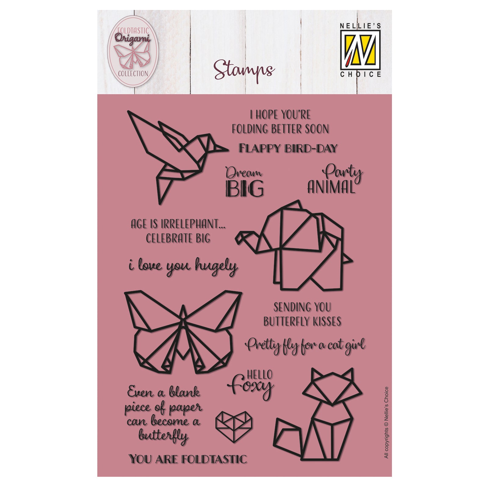Nellies Wahl • Klarsichtstempel Origami-Text und Tiere 14 Stück.