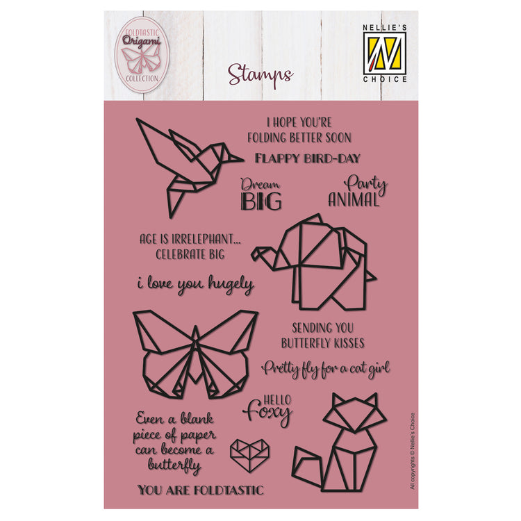 Nellies Wahl • Klarsichtstempel Origami-Text und Tiere 14 Stück.