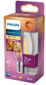 Philips LED-Kerze E14 2,5–25 W, Filament, klar, warm leuchtend, Blisterpackung – 5100304