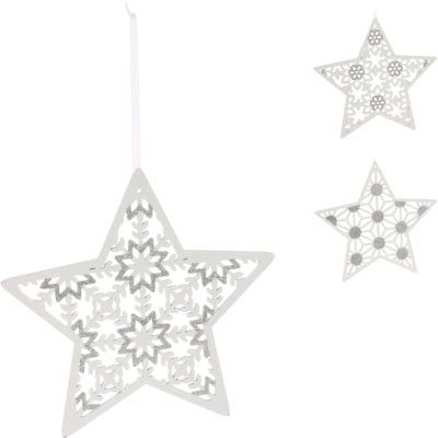 Weihnachtshänger Stern Holz weiß Glitzer 22 cm 3-fach sortiert | 24 Stück