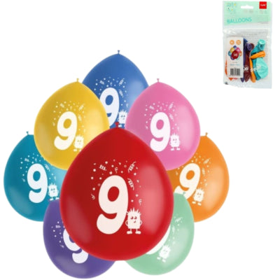 Folat Luftballons Party Pop Muster Nummer 9 Farbmischung 23 cm 8 Stück | 24 Stück