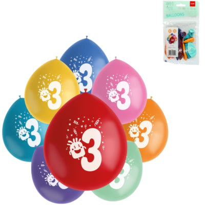 Folat Luftballons Party Pop Muster Nummer 3 Farbmischung 23 cm 8 Stück | 24 Stück