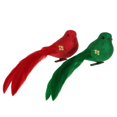 Daan gebogener Vogel auf Clip, glänzender Vogel, rot, grün, 16 cm, 2er-Set | 12 Stück