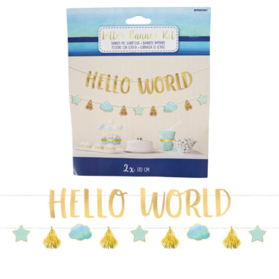Amscan Buchstabengirlande Baby Junge Hallo Welt blau goldfarben 170 cm | 12 Stück