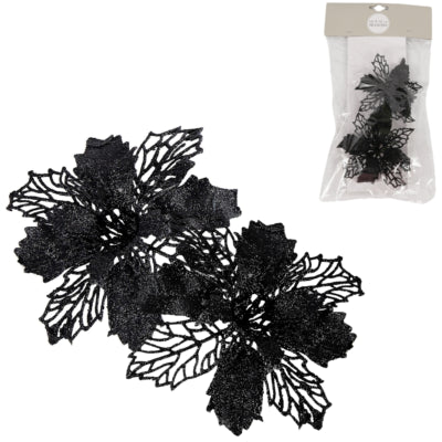 House of Seasons Kunstblume auf Clip Weihnachtsstern Glitzer schwarz 10 cm 2er-Set | 24 Stück