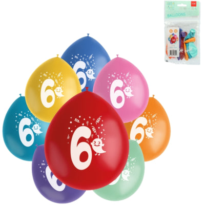 Folat Luftballons Party Pop Muster Nummer 6 Farbmischung 23 cm 8 Stück | 24 Stück