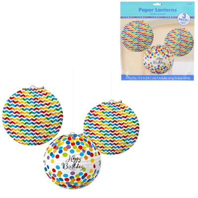 Amscan Laternen Happy Birthday 24 cm 3er-Set | 12 Stück