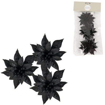 House of Seasons Kunstblume auf Clip Weihnachtsstern Glitzer schwarz 9 cm 3er-Set | 24 Stück