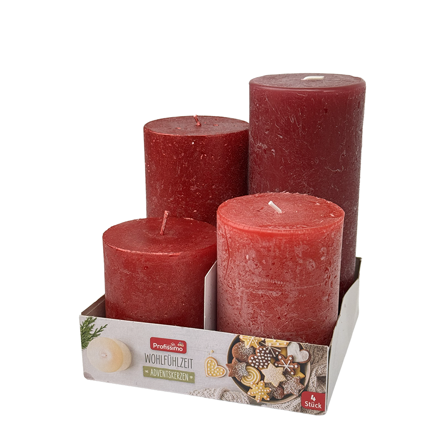 Profissimo Stumpenkerze rustikal metallic Set rot 4-teilig