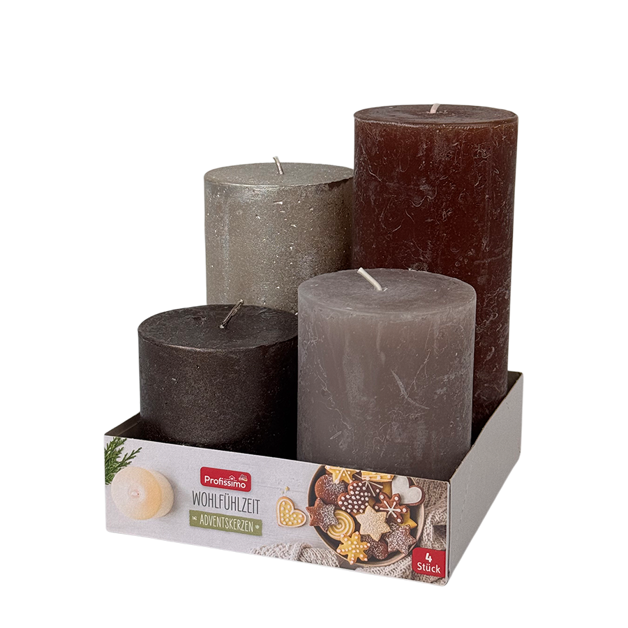 Profissimo Stumpenkerze rustikal metallic Set warm 4-teilig