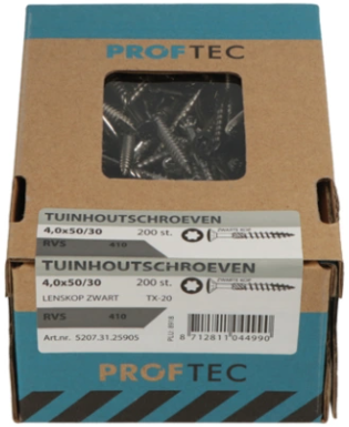 Proftec Gartenholzschraube Edelstahl-410 LK schwarzer Kopf + Schneidspitze Torx TX20 4,0x35 24 | 200 Stück - 5207.31.25405