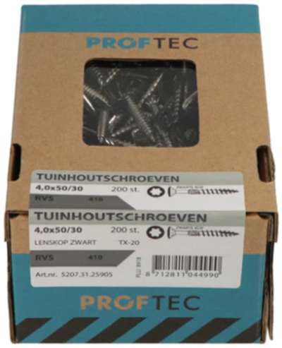 Proftec Gartenholzschraube Edelstahl-410 LK schwarzer Kopf + Schneidspitze Torx TX20 4,0x50 30 | 200 Stück - 5207.31.25905