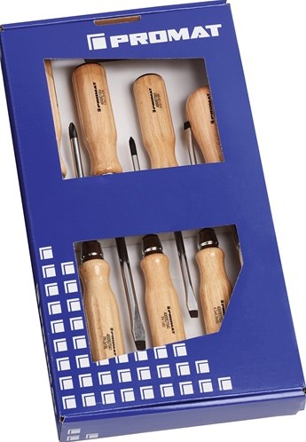 Promat tecwerk Schraubendreher-Set | 7-teilige Schlitzahle | Holzgriff | Rundklinge mit 6-seitigem Aufsatz - 4000827119