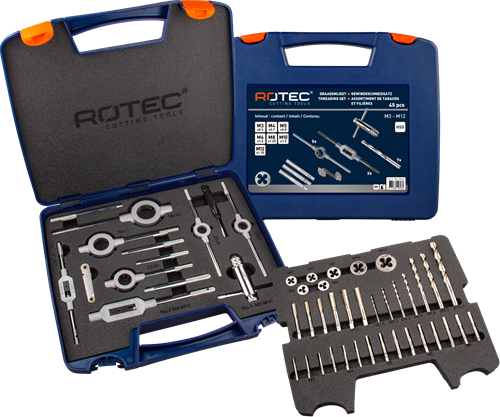 Rotec 900.2020k | Handgewindeschneid- und Schneidplattenset | metrisch | im ABS-Gehäuse | 45 Stk. - 900.2020k