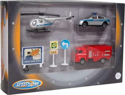 Feuerwehrpolizei und Hubschrauber, Deutsch mit Verkehrszeichen
