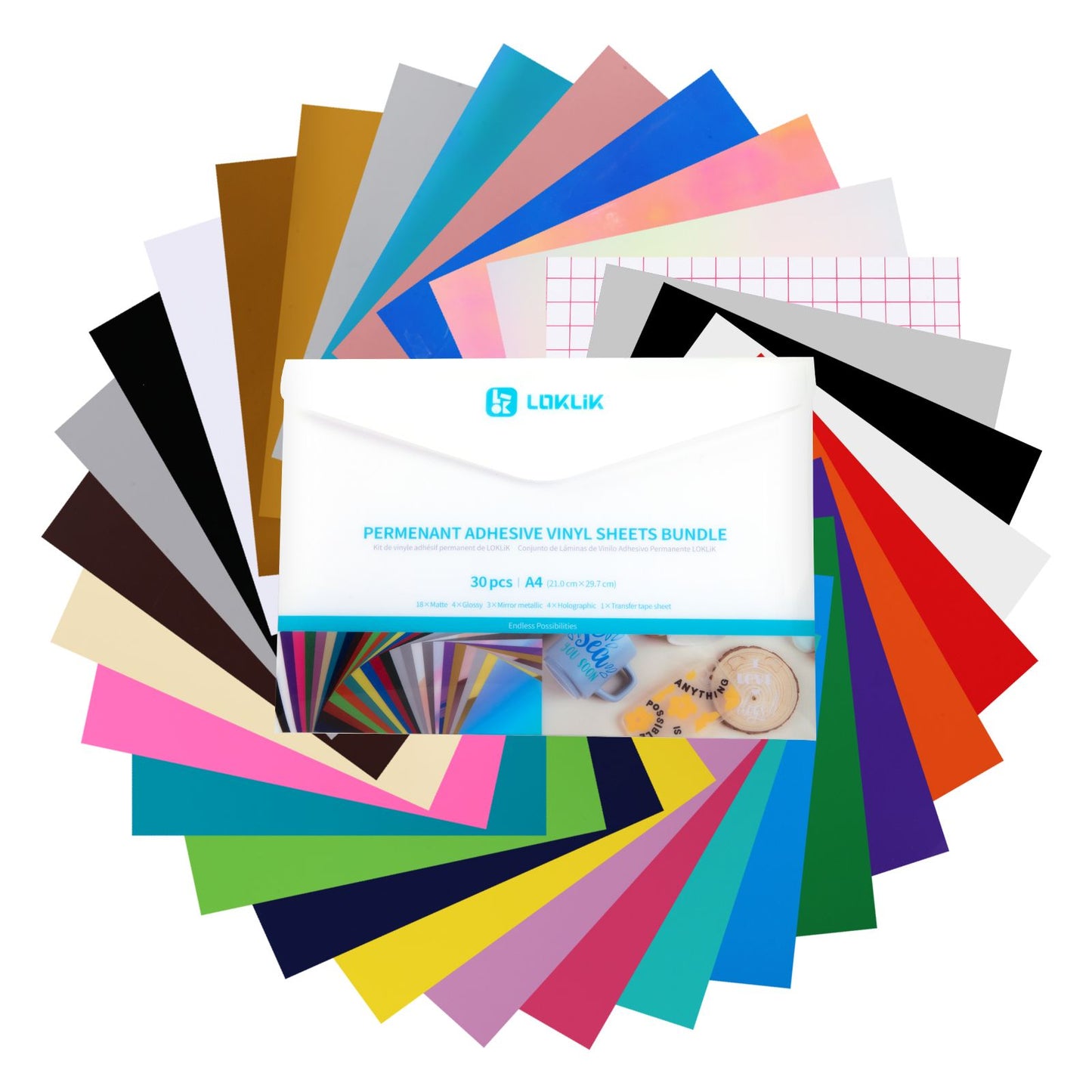 Loklik • Permanent selbstklebende Vinylfolien, Multipack, A4, sortiert, 30 Stück