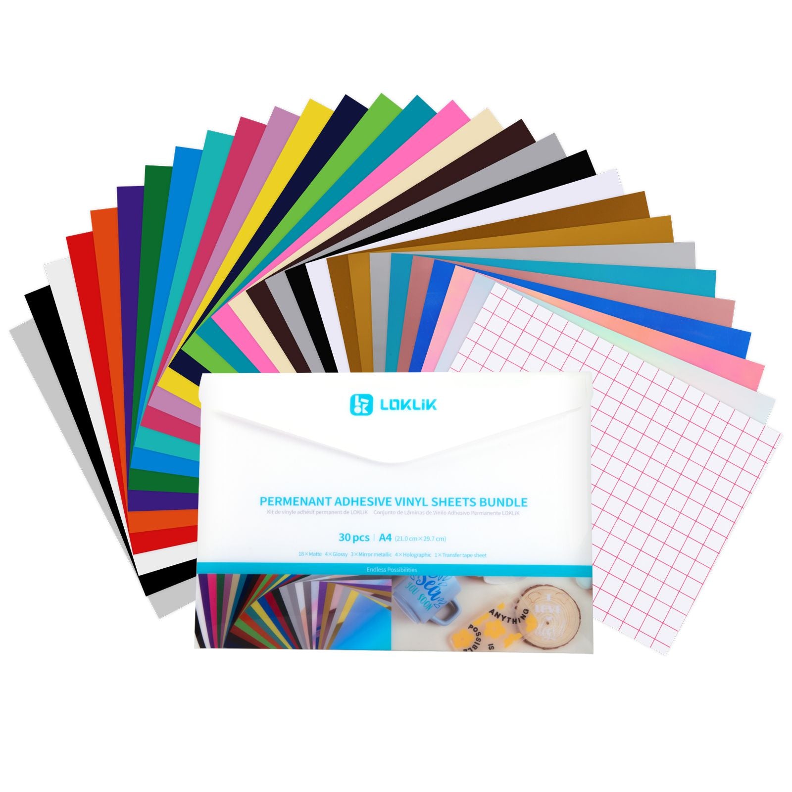 Loklik • Permanent selbstklebende Vinylfolien, Multipack, A4, sortiert, 30 Stück