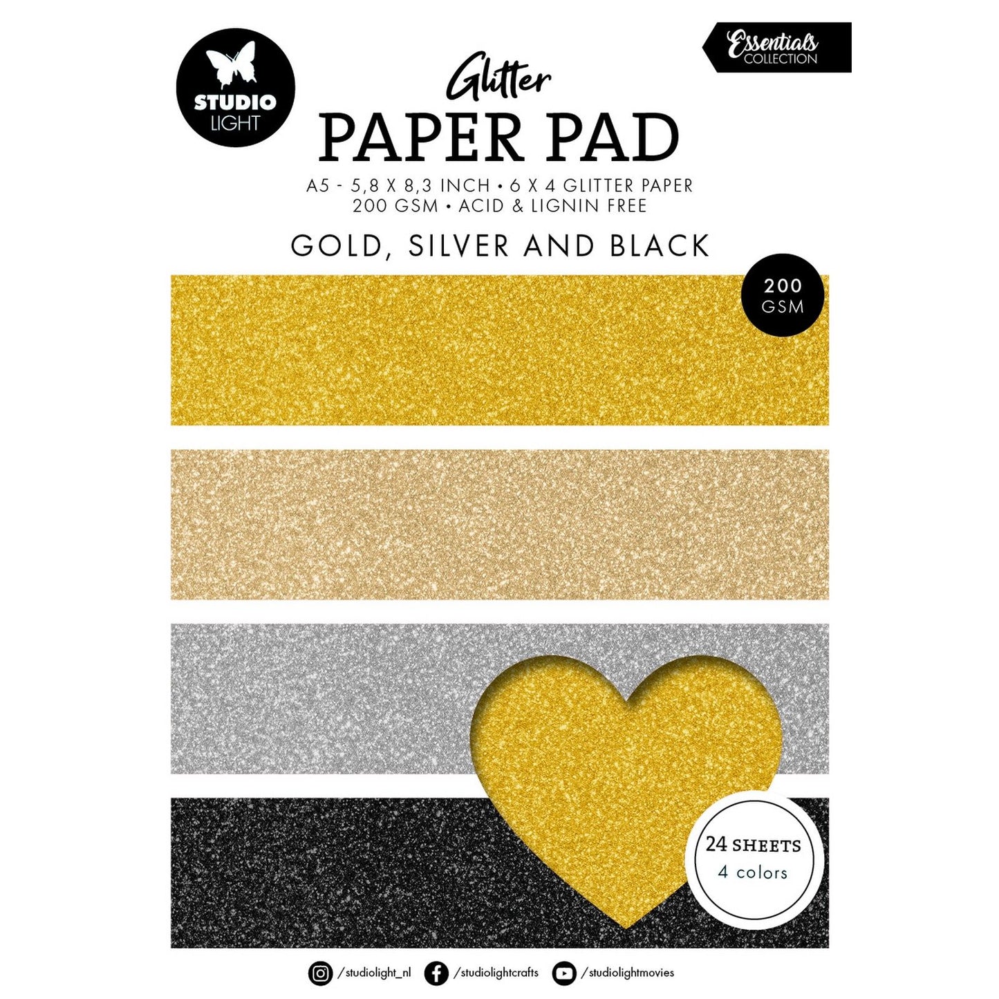 Studioleuchte • Essentials Glitzerpapierblock in Gold, Silber und Schwarz
