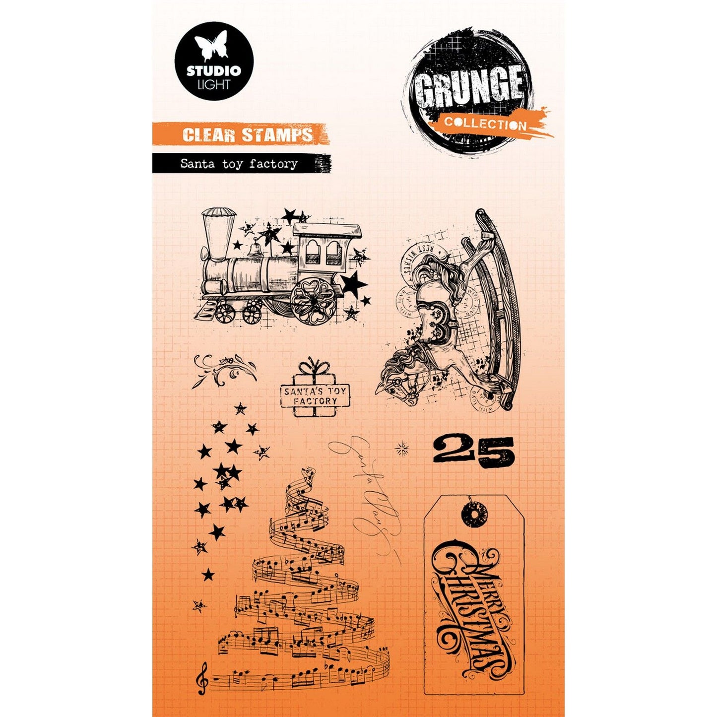 Studiolicht • Grunge-Sammlung, klarer Stempel, Weihnachtsmann-Spielzeugfabrik