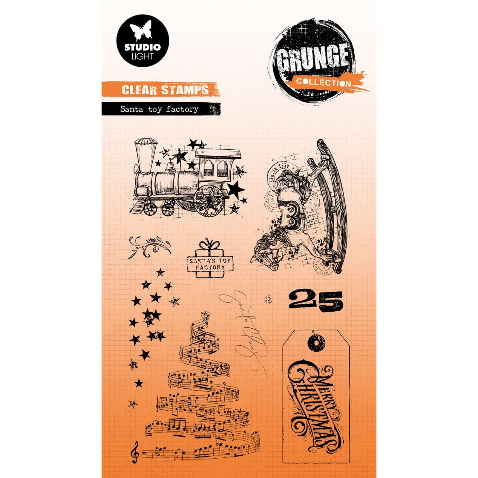 Studiolicht • Grunge-Sammlung, klarer Stempel, Weihnachtsmann-Spielzeugfabrik