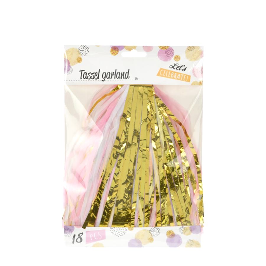 Quastengirlande rosa-weißgold 18-teilig