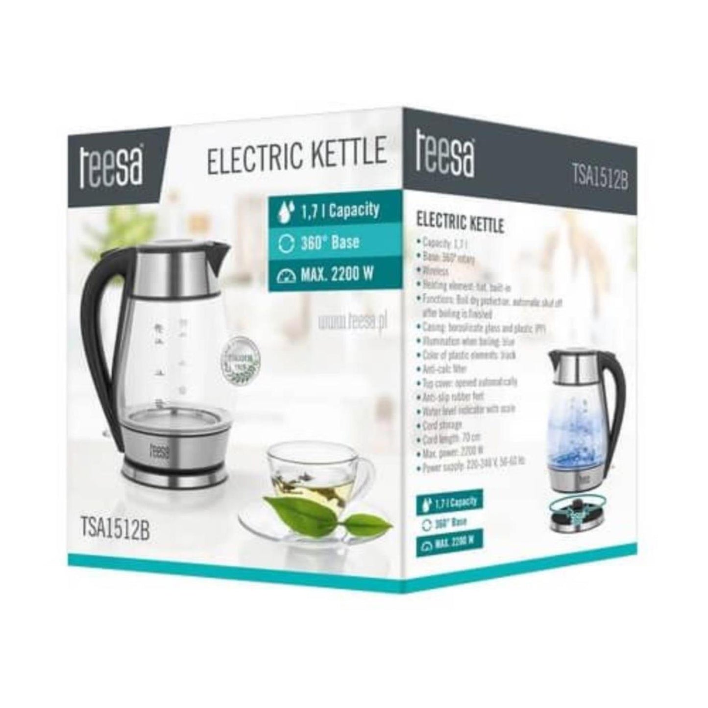 Teesa Wasserkocher Glas Edelstahl 1,7l schwarz
