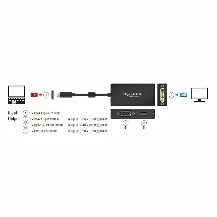 Delock USB-C> VGA HDMI DVI DisplayPort