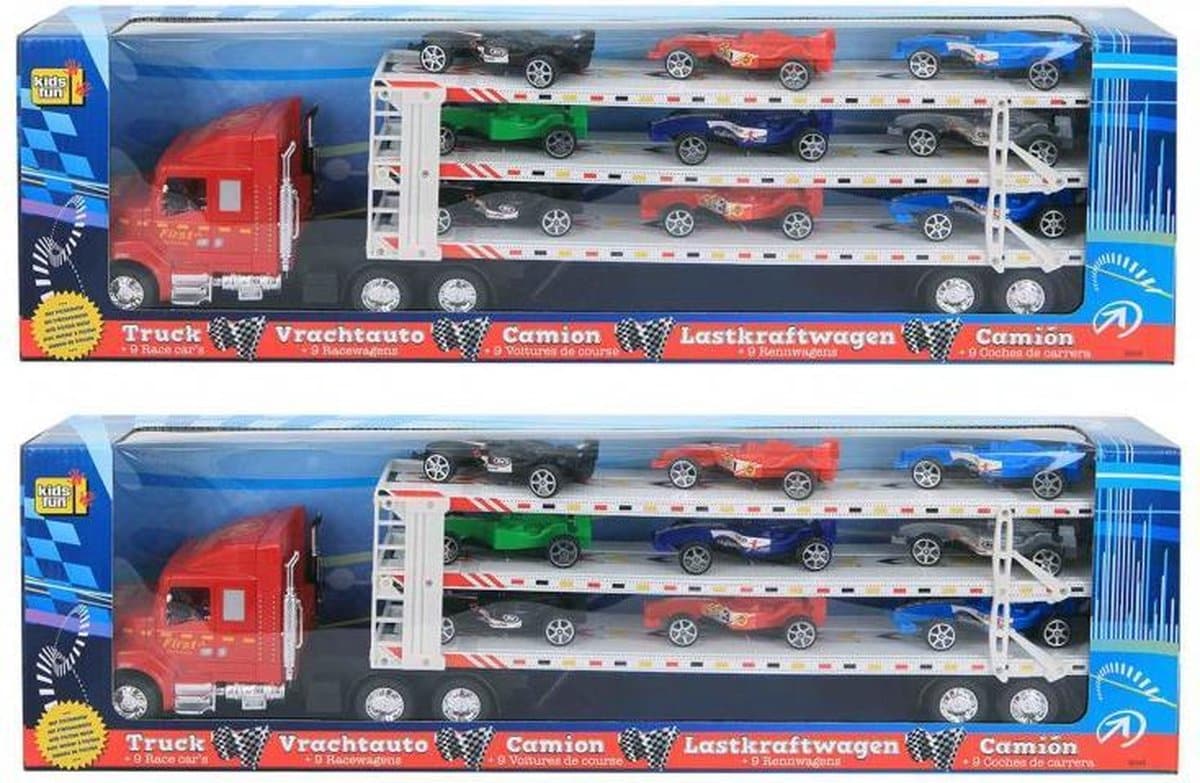 Jonotoys großer LKW mit Anhänger und 9 Rennwagen -Apos; s darauf, 58 cm lang.