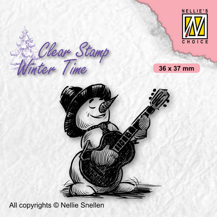Nellies Wahl • Winterzeit-Klarstempel, schüchterner Schneemann mit Gitarre