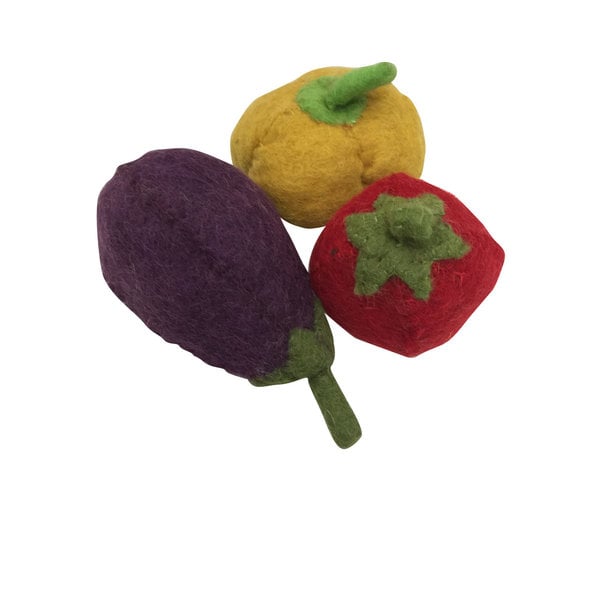 Papoose -Spielzeug Gemüsekapsicum, Auberginen, Tomate